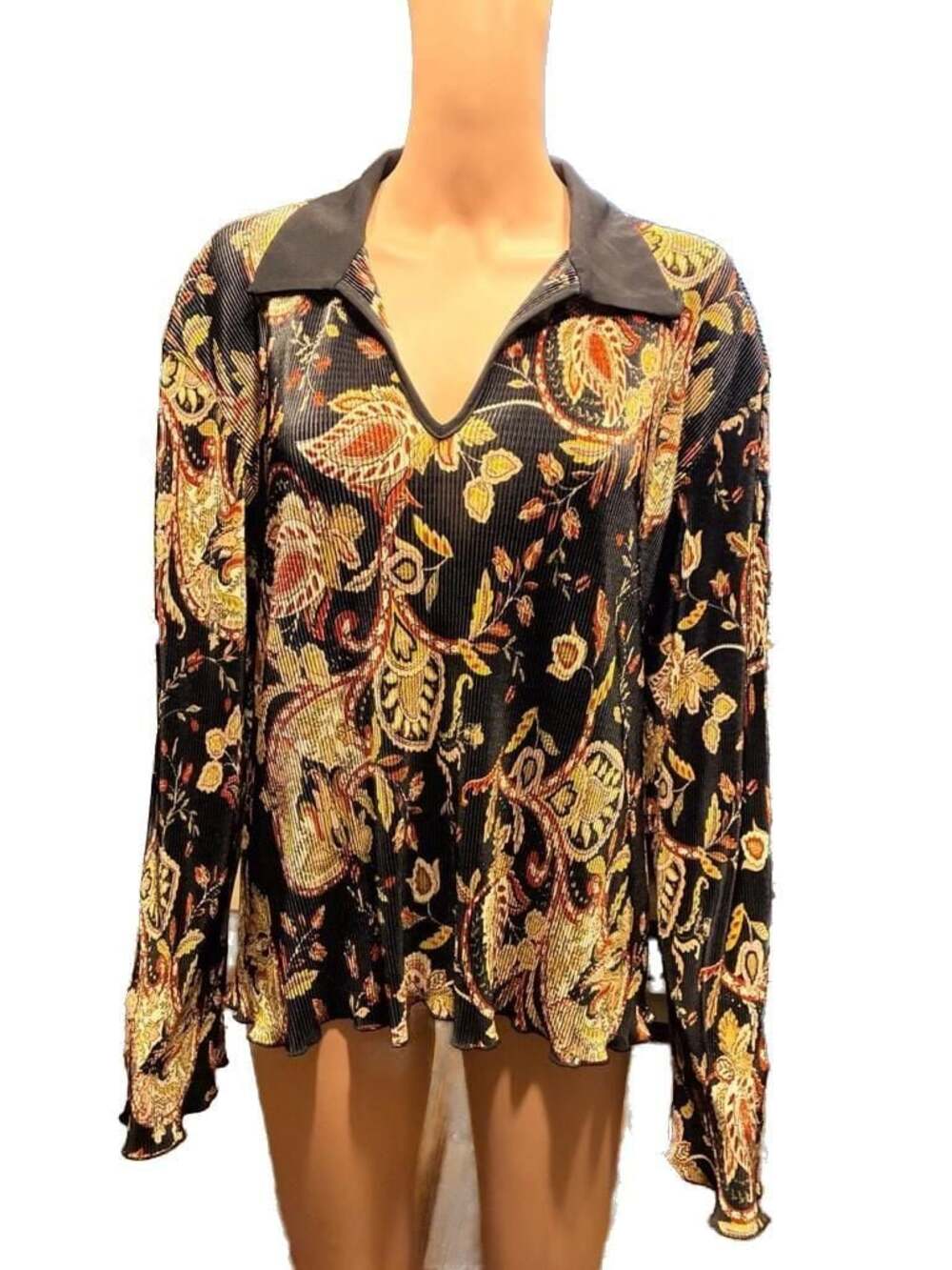 JTB Allover Pleated Paisley V-Neck Long Sleeve Blouse